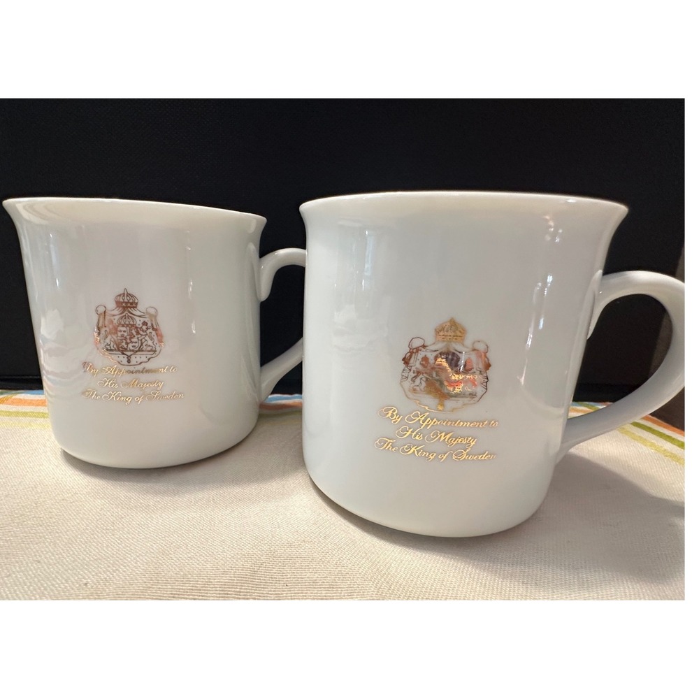 Gevalia Kaffe Coffee Mugs - 2 White & Gold Royal King of Sweden Crest Porcelain